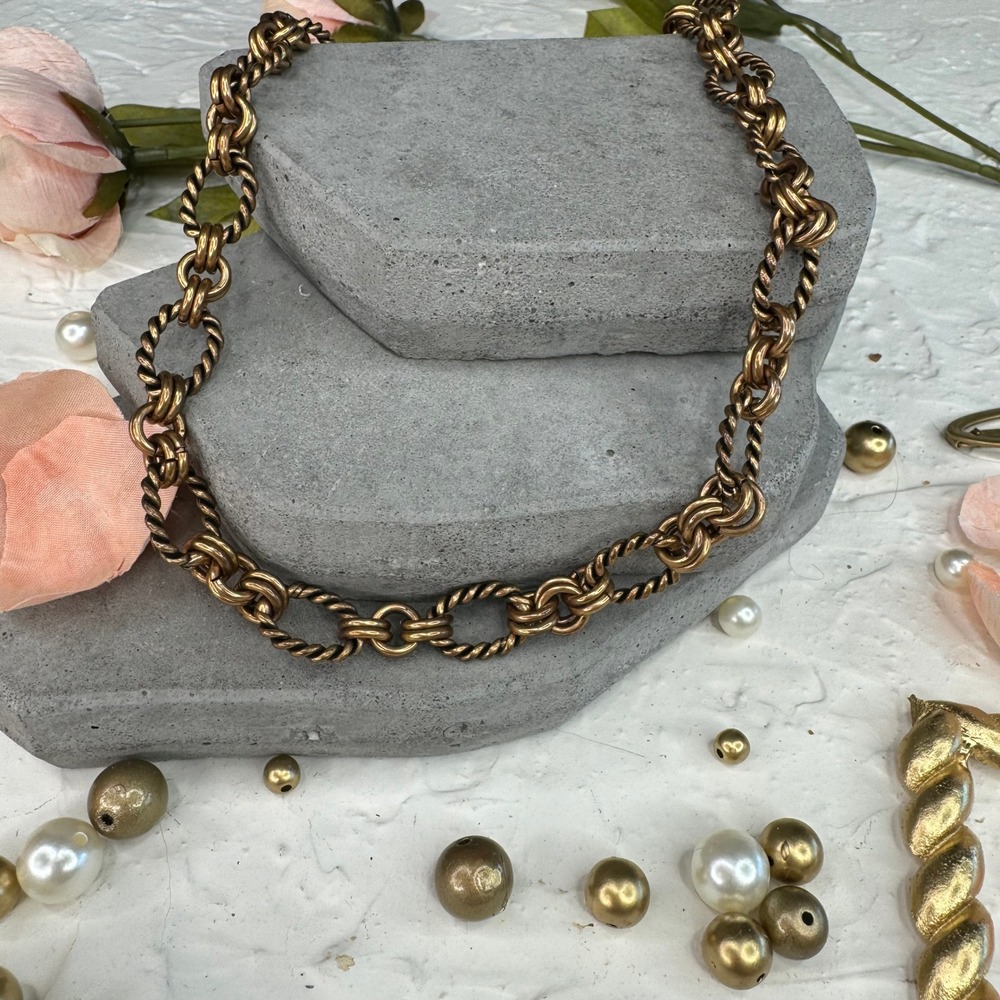 Vintage Chunky Twisted Link Chain Necklace Gold Tone Statement Jewelry